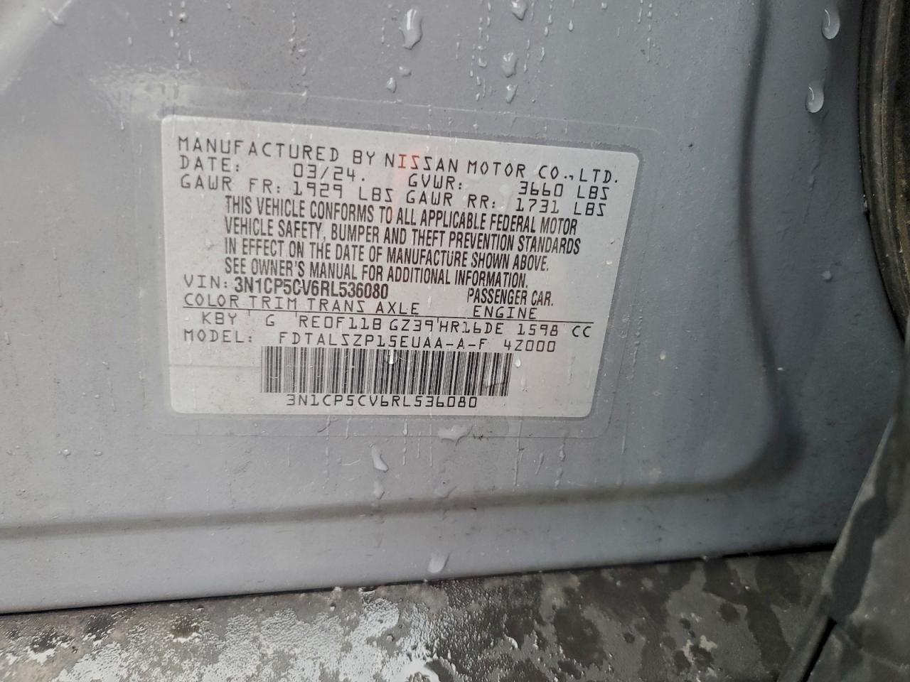 2024 Nissan Kicks Sv VIN: 3N1CP5CV6RL536080 Lot: 93751685