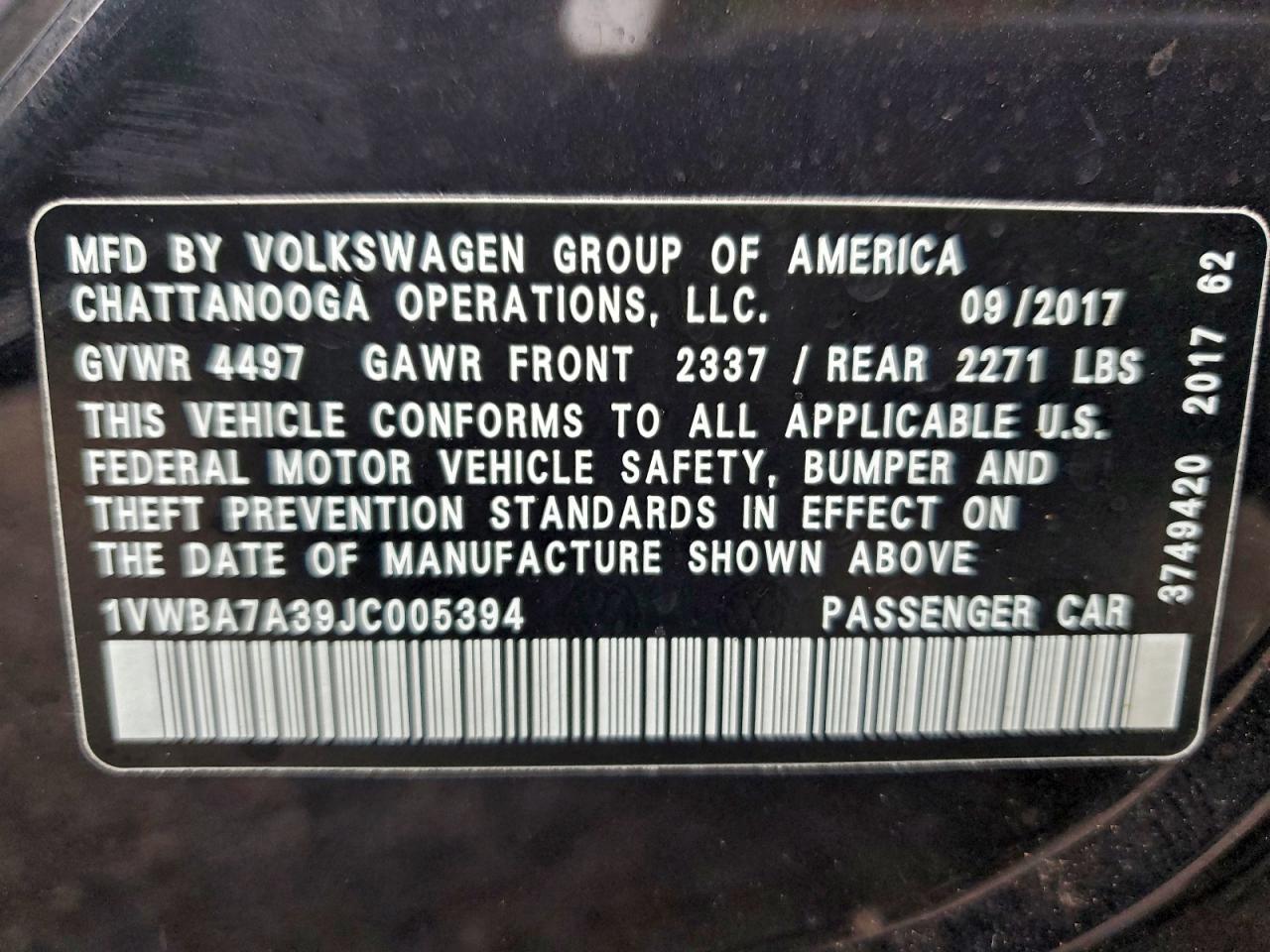 2018 Volkswagen Passat Se VIN: 1VWBA7A39JC005394 Lot: 94510225