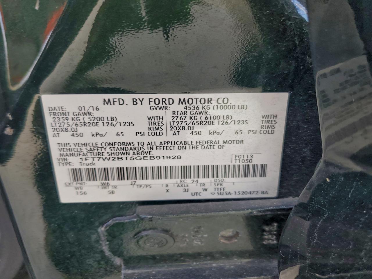 2016 Ford F250 Super Duty VIN: 1FT7W2BT5GEB91928 Lot: 94225405