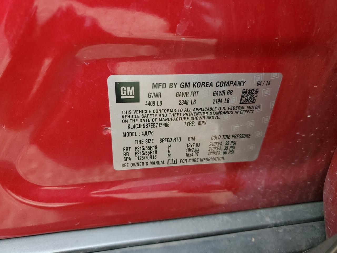 2014 Buick Encore Convenience VIN: KL4CJFSB7EB715486 Lot: 93450055