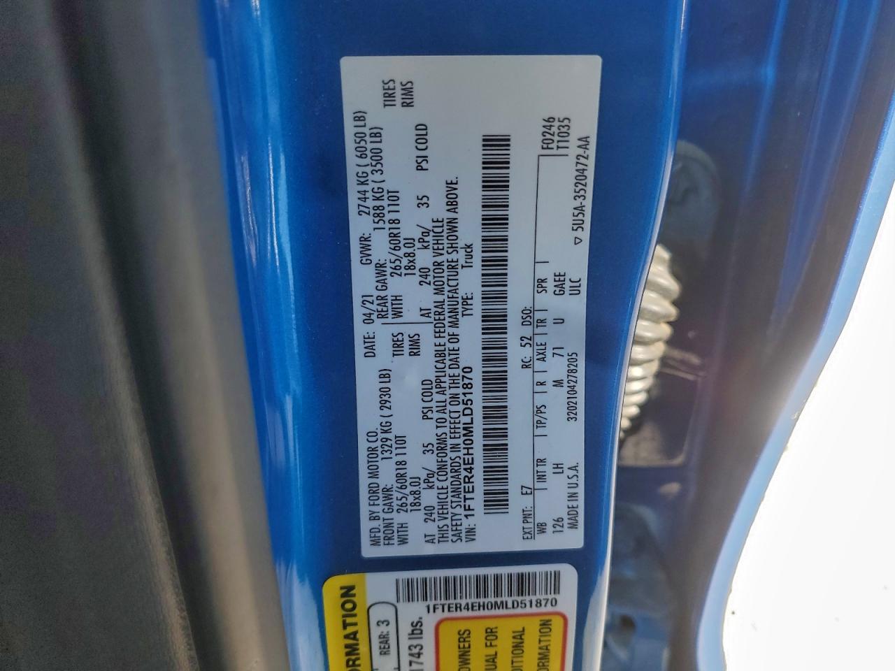 2021 Ford Ranger Xl VIN: 1FTER4EH0MLD51870 Lot: 94686855