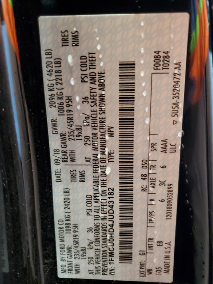 2018 Ford Escape Sel VIN: 1FMCU0HD4JUD43182 Lot: 92897585