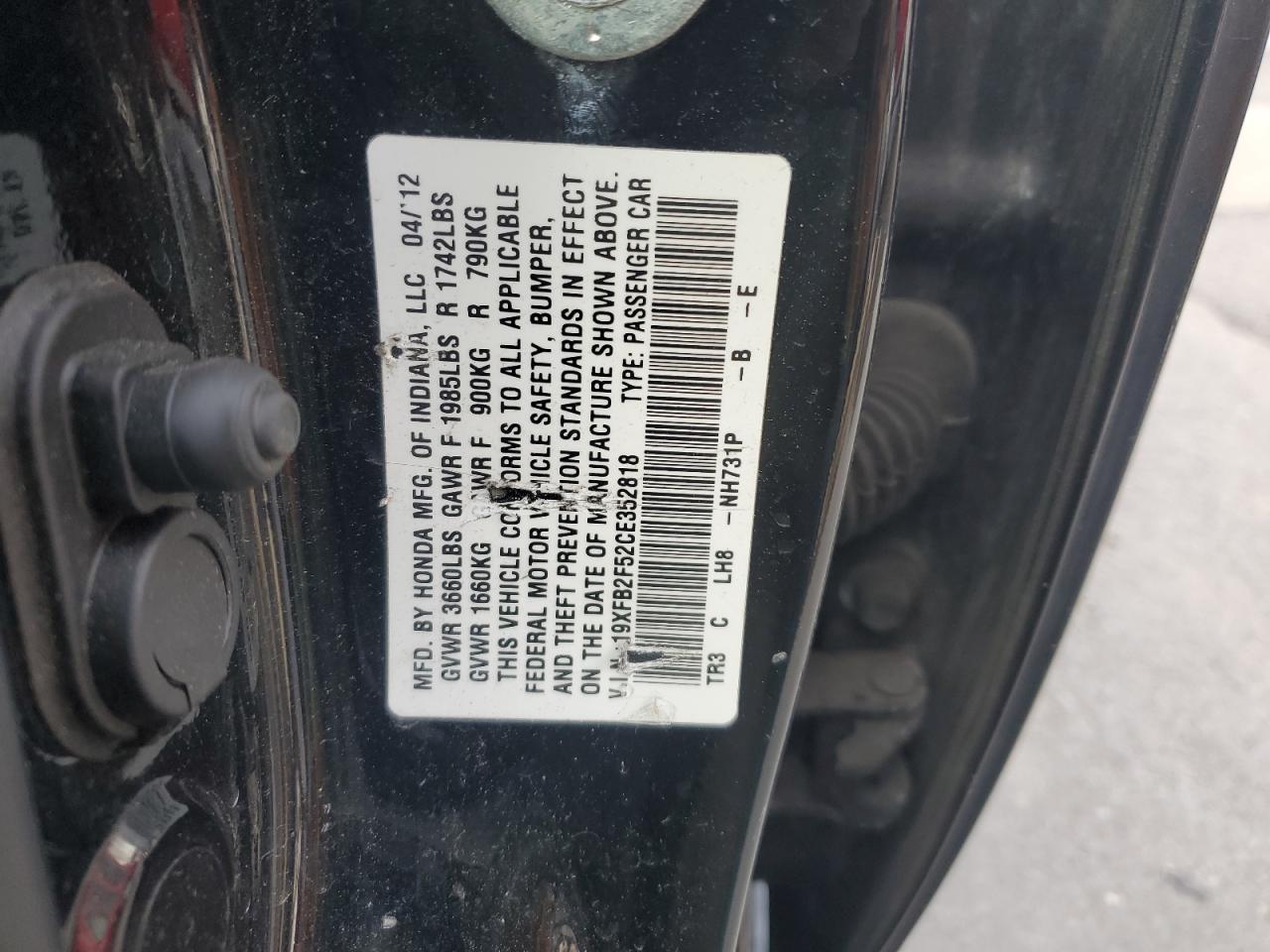 2012 Honda Civic Lx VIN: 19XFB2F52CE352818 Lot: 91834565