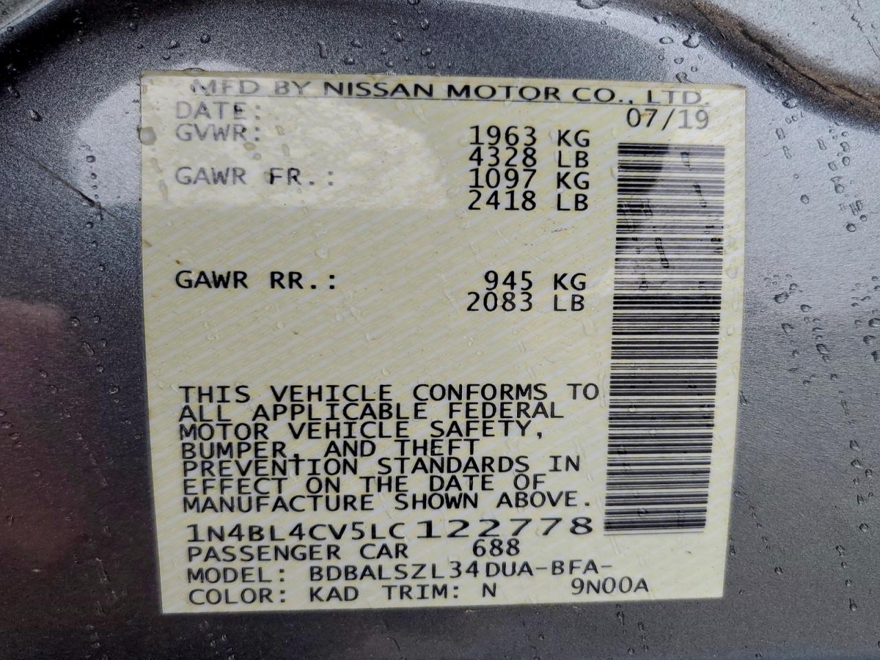 2020 Nissan Altima Sr VIN: 1N4BL4CV5LC122778 Lot: 91914835