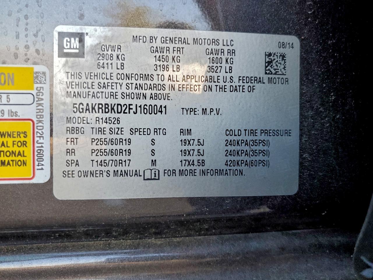 2015 Buick Enclave VIN: 5GAKRBKD2FJ160041 Lot: 92170015