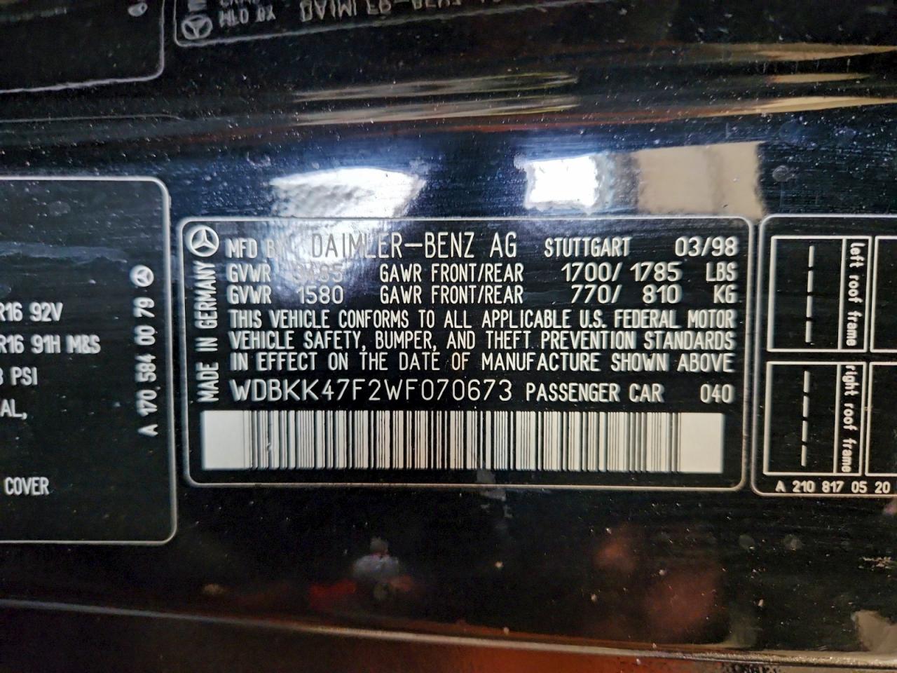 1998 Mercedes-Benz Slk 230 Kompressor VIN: WDBKK47F2WF070673 Lot: 93885755