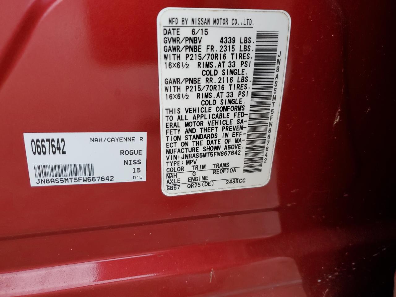 2015 Nissan Rogue Select S VIN: JN8AS5MT5FW667642 Lot: 92784275