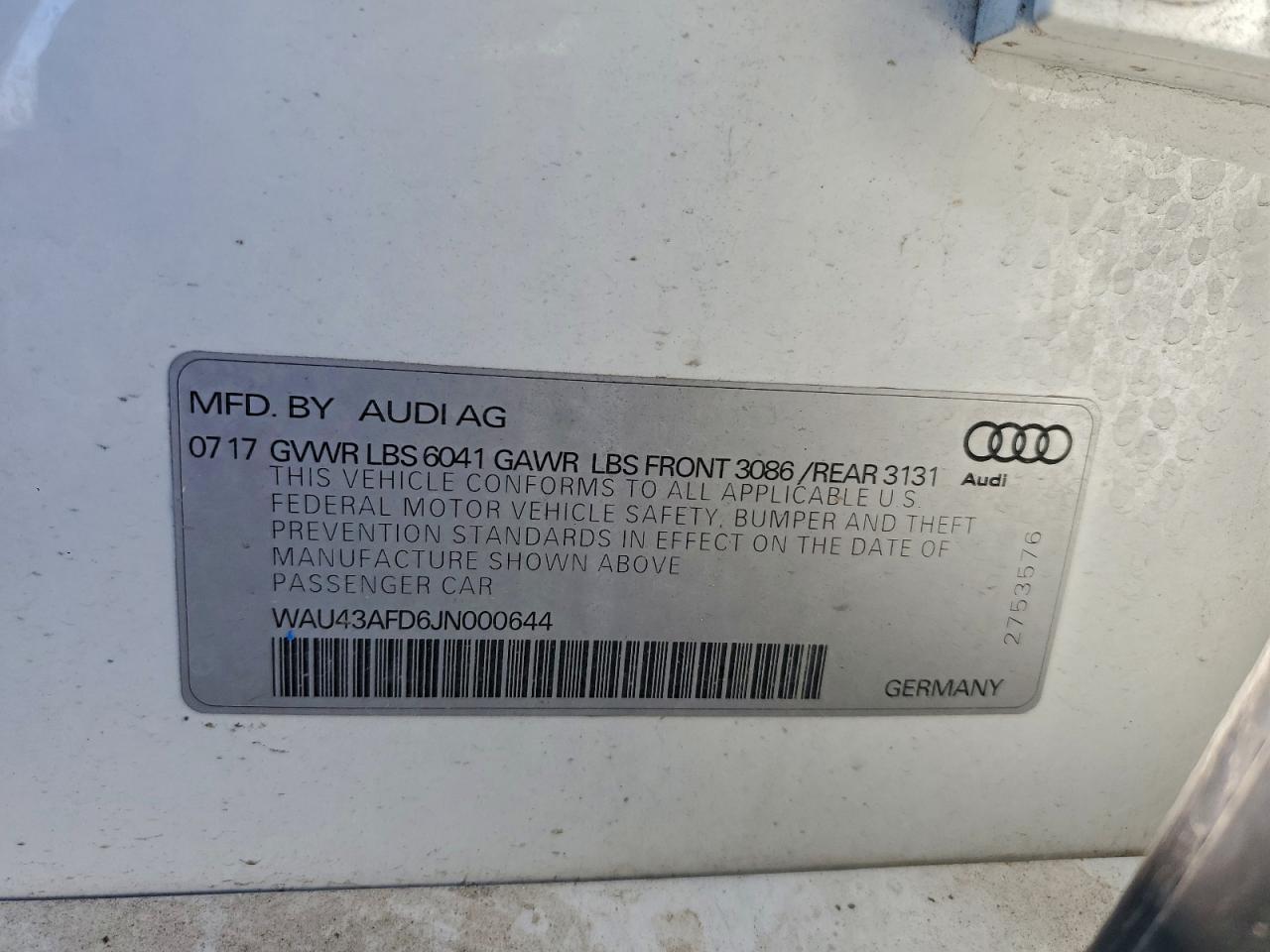 2018 Audi A8 L Quattro VIN: WAU43AFD6JN000644 Lot: 93979775