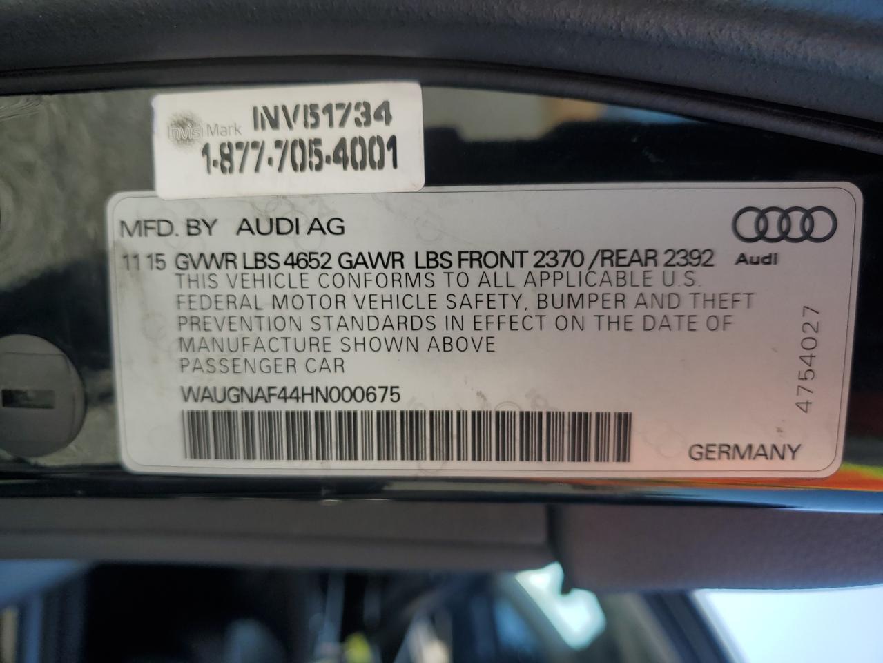 2017 Audi A4 Premium VIN: WAUGNAF44HN000675 Lot: 90951165