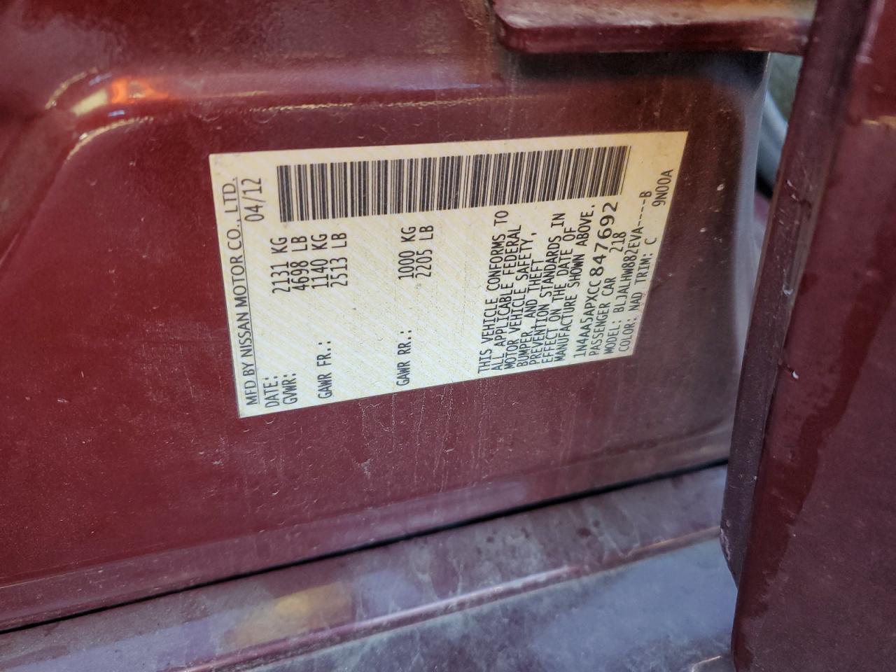 2012 Nissan Maxima S VIN: 1N4AA5APXCC847692 Lot: 92638415