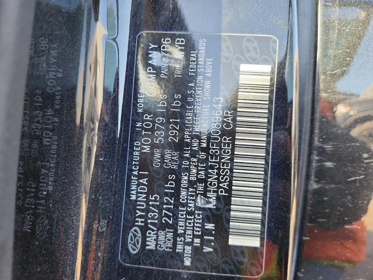 2015 Hyundai Genesis 3.8L VIN: KMHGN4JE3FU089643 Lot: 91237865