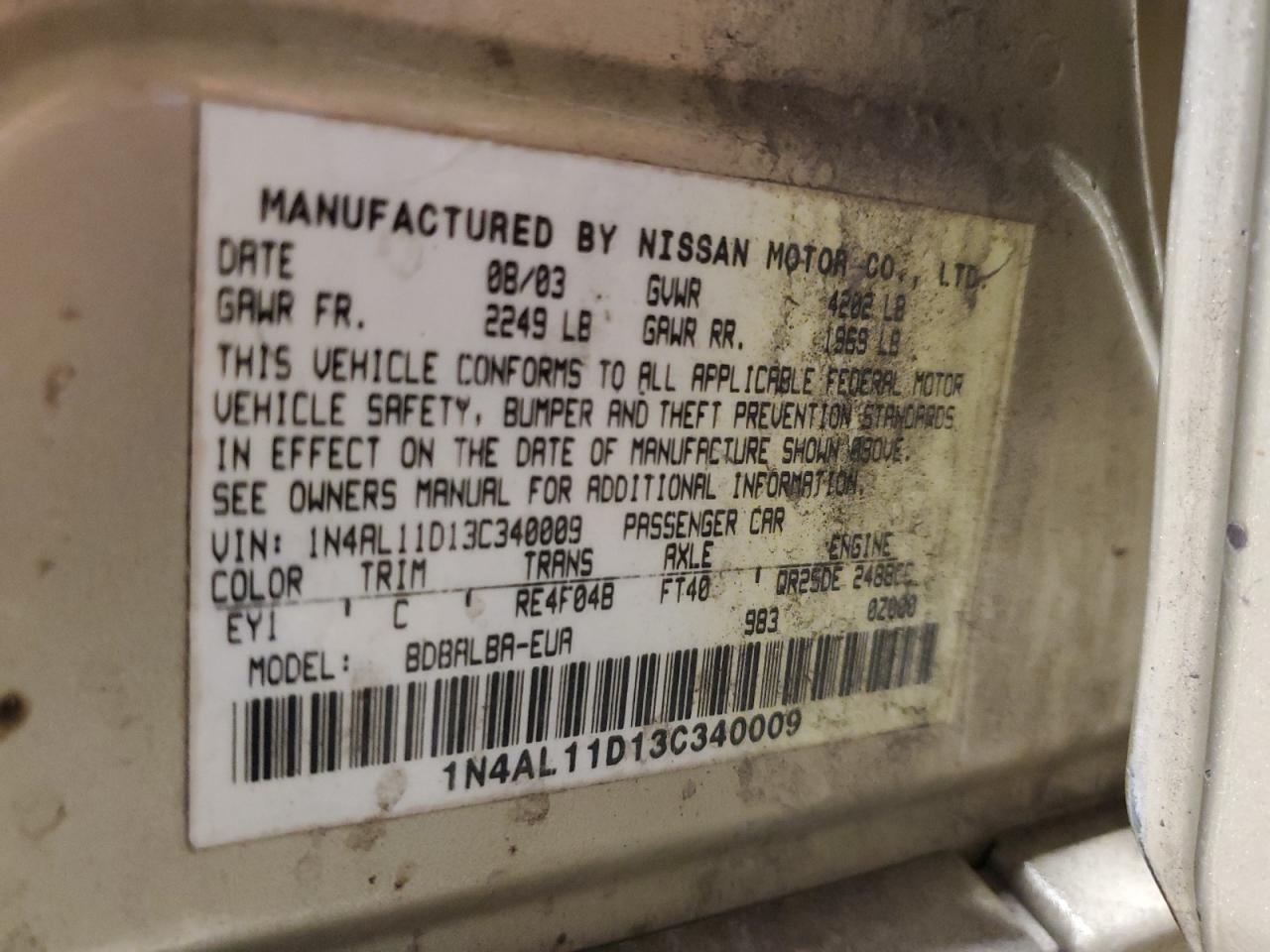 2003 Nissan Altima Base VIN: 1N4AL11D13C340009 Lot: 91989215