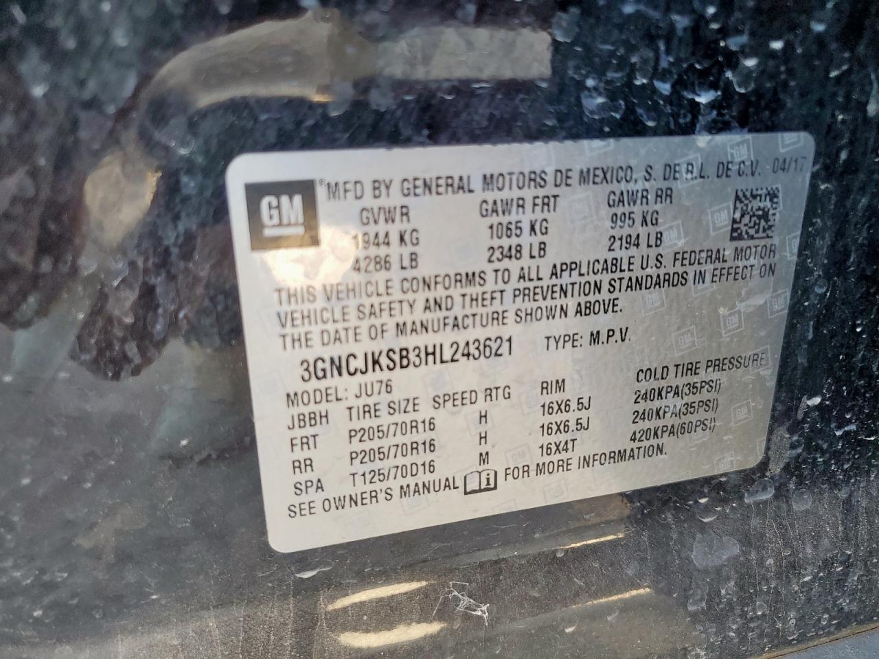 2017 Chevrolet Trax Ls VIN: 3GNCJKSB3HL243621 Lot: 93069955