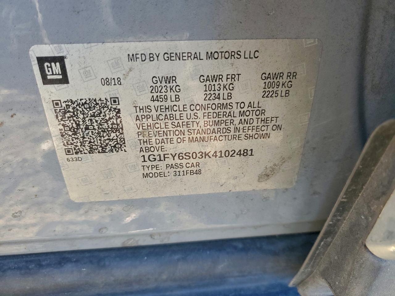 2019 Chevrolet Bolt Ev Lt VIN: 1G1FY6S03K4102481 Lot: 92623665