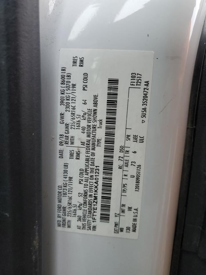 2019 Ford Transit T-150 VIN: 1FTYE1ZM1KKA01231 Lot: 92789705