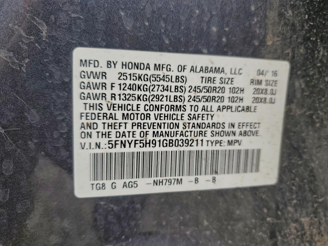 2016 Honda Pilot Touring VIN: 5FNYF5H91GB039211 Lot: 86278405