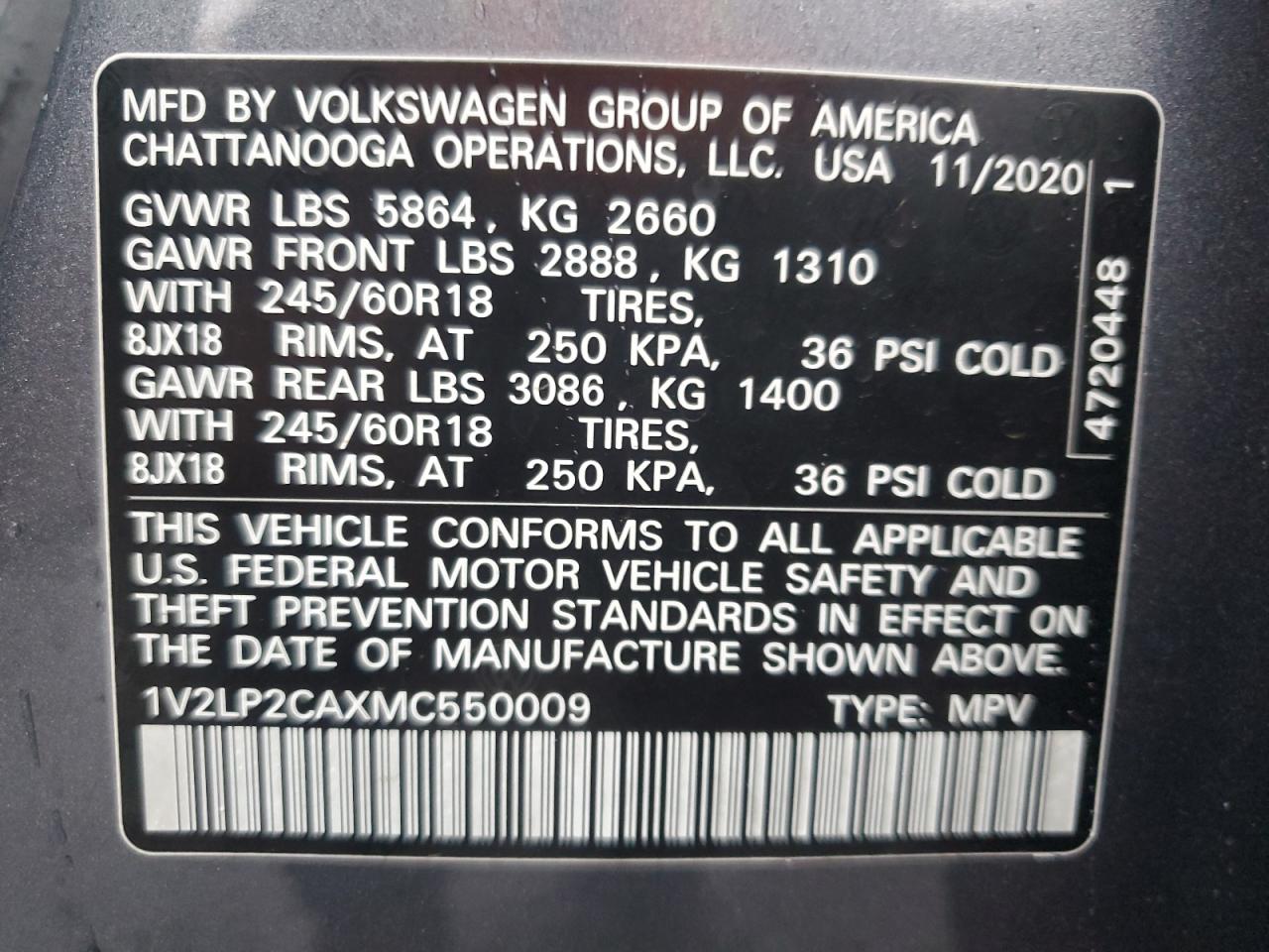 2021 Volkswagen Atlas Se VIN: 1V2LP2CAXMC550009 Lot: 92947755