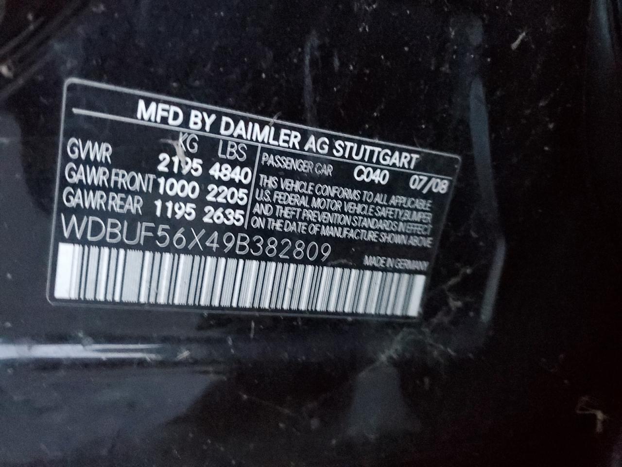 2009 Mercedes-Benz E 350 VIN: WDBUF56X49B382809 Lot: 93729795