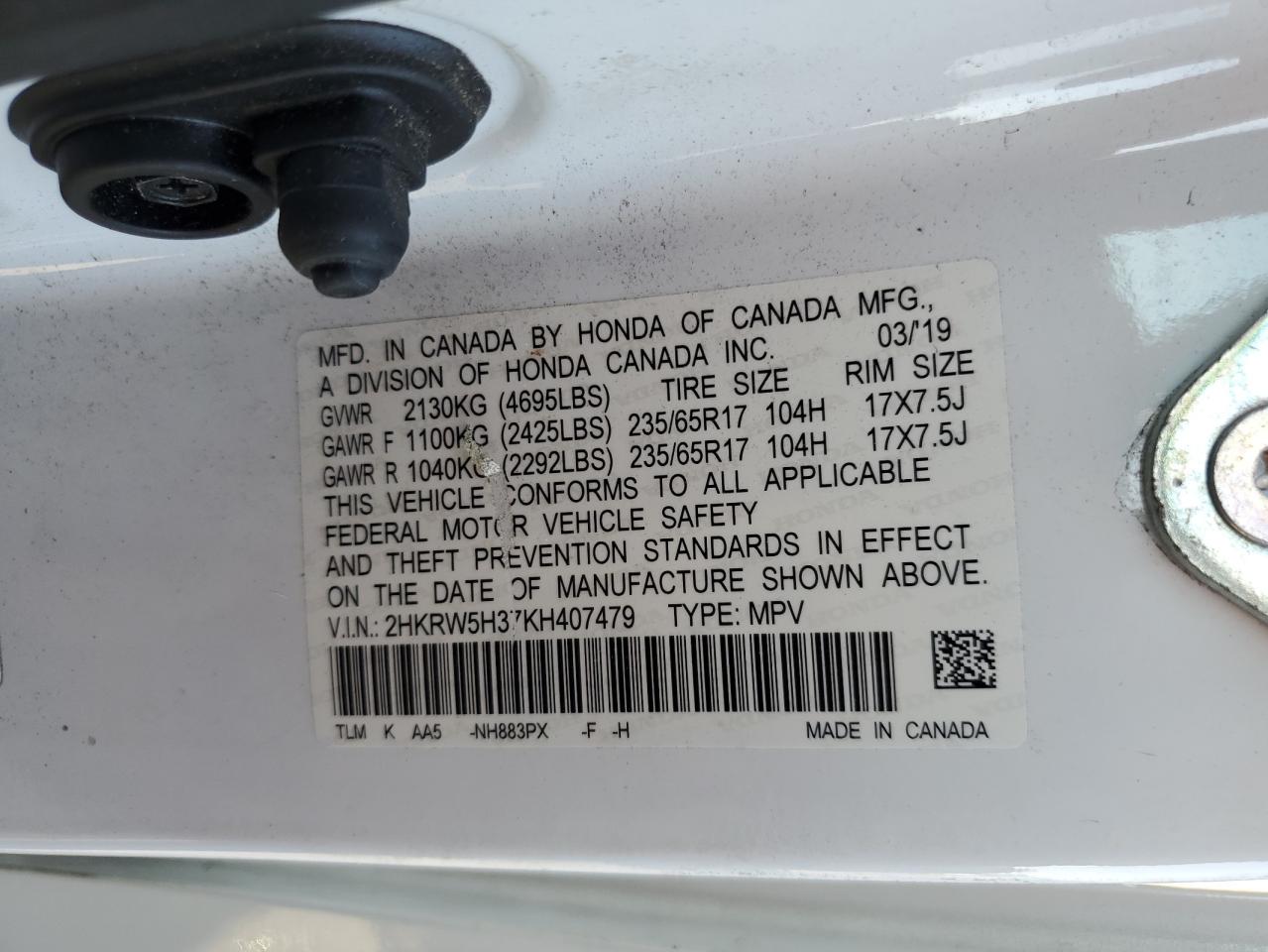 2019 Honda Cr-V Lx VIN: 2HKRW5H37KH407479 Lot: 92244195