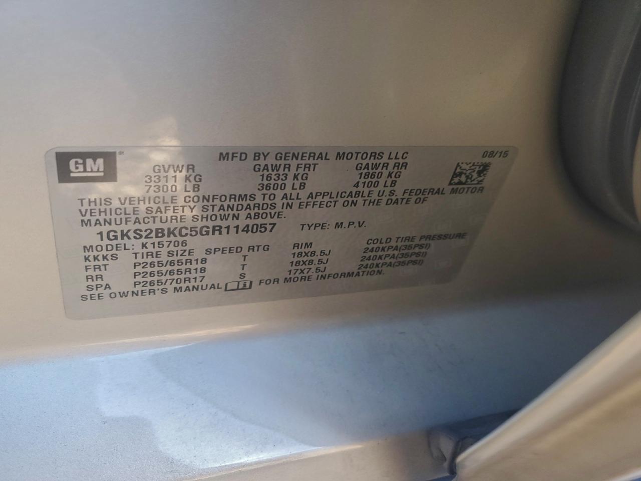 2016 GMC Yukon Slt VIN: 1GKS2BKC5GR114057 Lot: 94036815