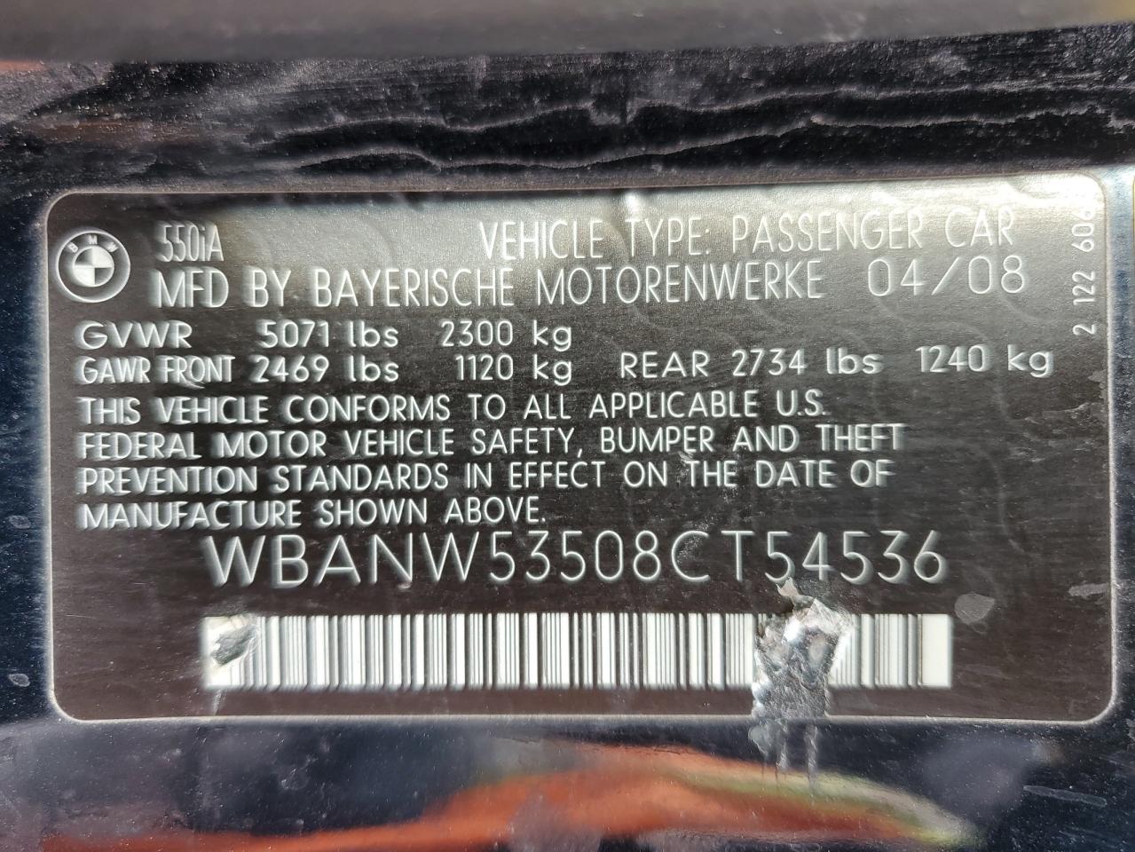 2008 BMW 550 I VIN: WBANW53508CT54536 Lot: 92696805