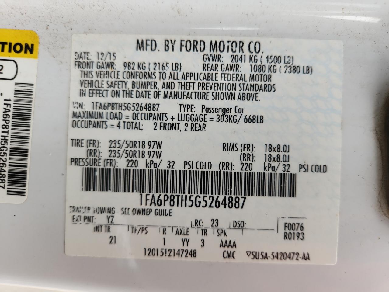 2016 Ford Mustang VIN: 1FA6P8TH5G5264887 Lot: 93320495