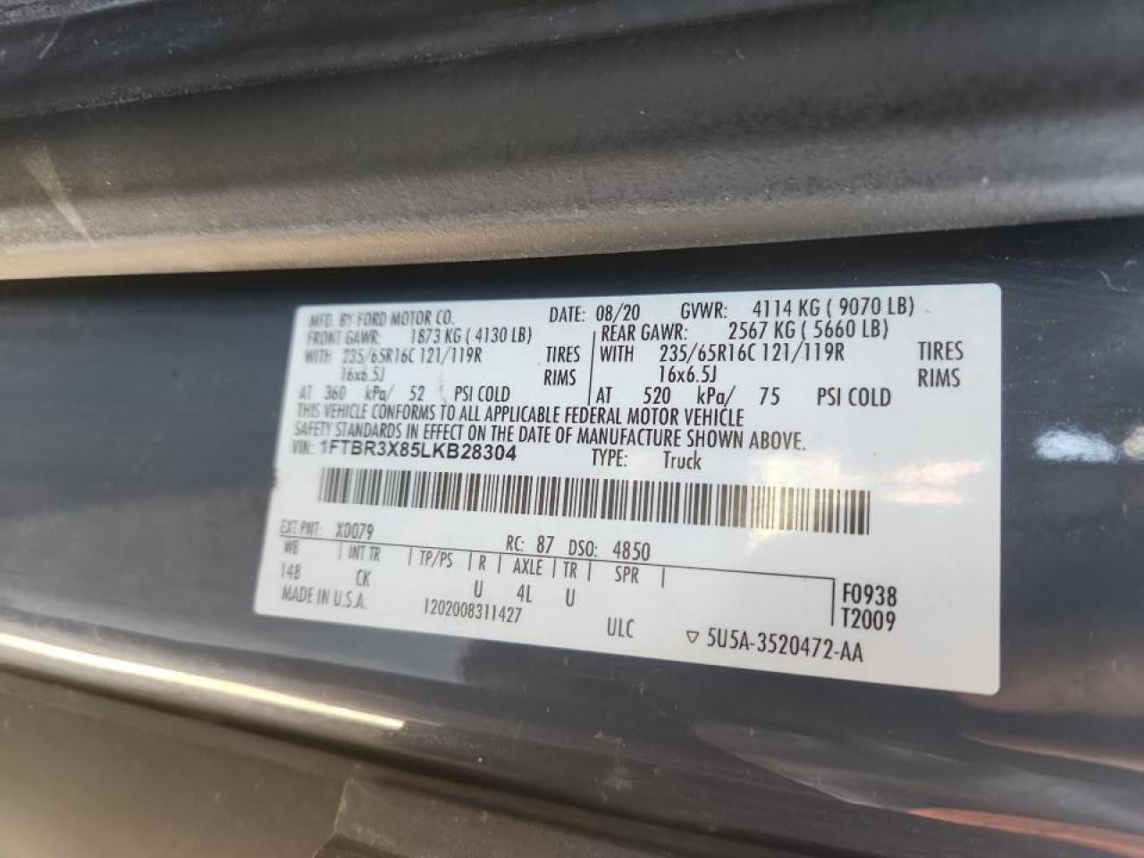 2020 Ford Transit 250 Delivery Van VIN: 1FTBR3X85LKB28304 Lot: 90796255