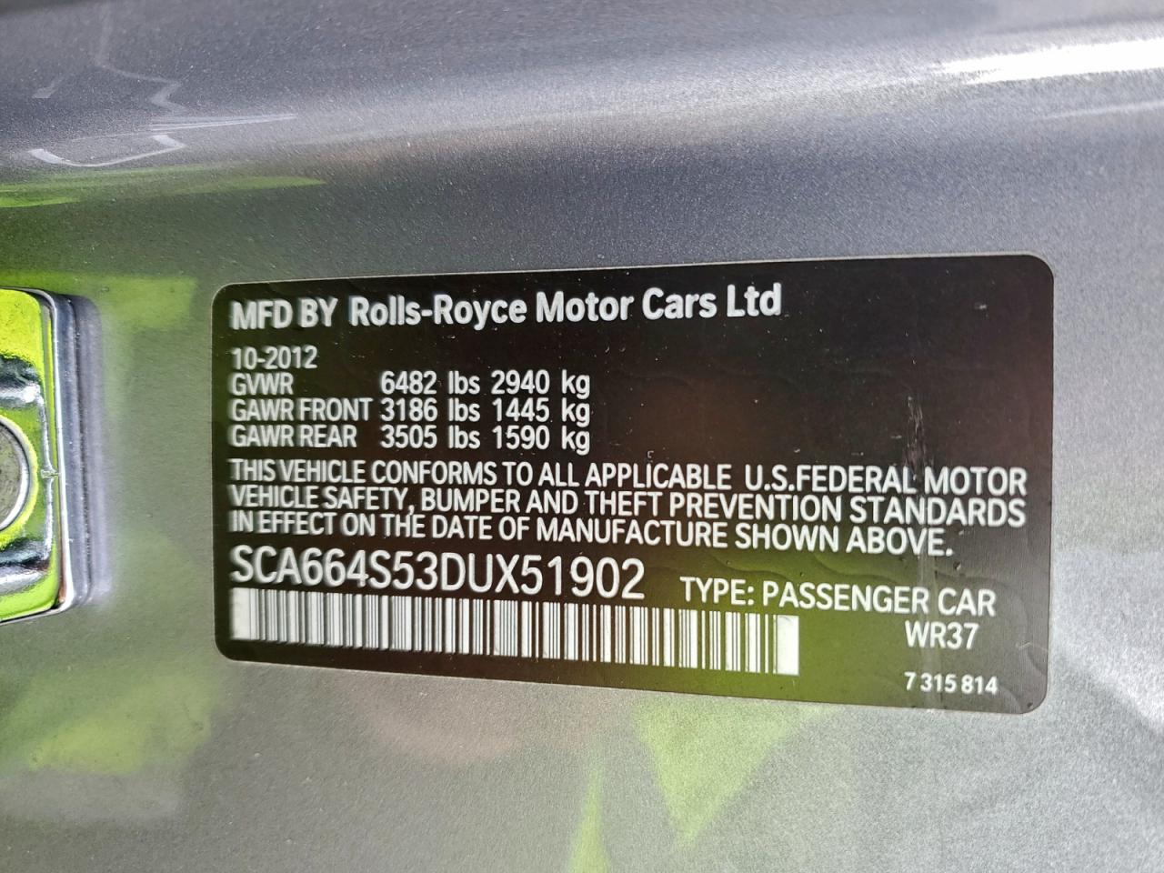 2013 Rolls-Royce Ghost VIN: SCA664S53DUX51902 Lot: 93896785