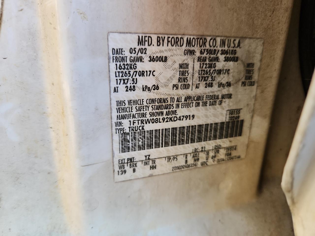 2002 Ford F150 Supercrew VIN: 1FTRW08L92KD47919 Lot: 91571025