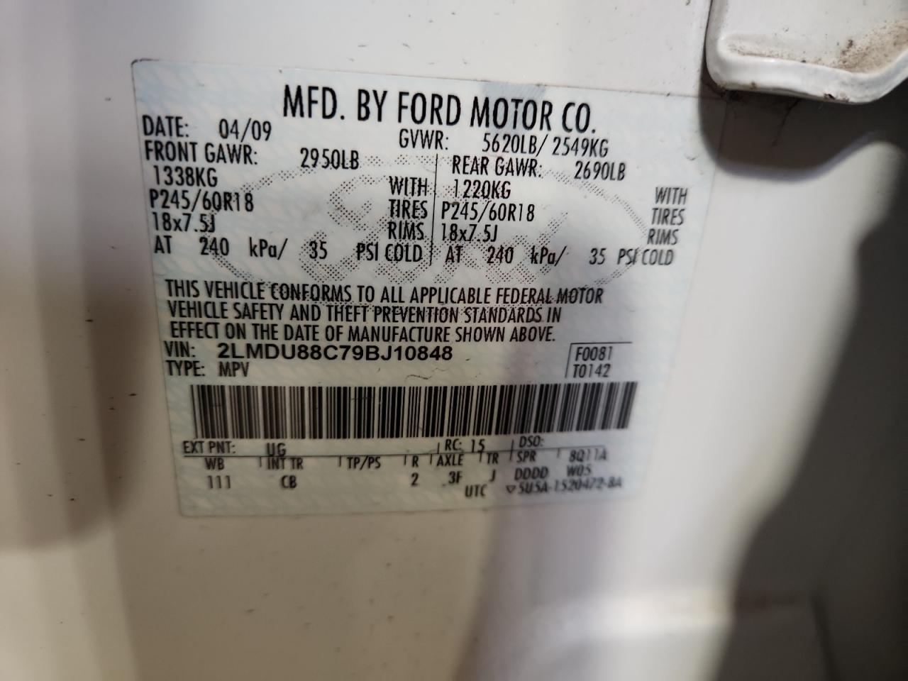 2009 Lincoln Mkx VIN: 2LMDU88C79BJ10848 Lot: 91054655