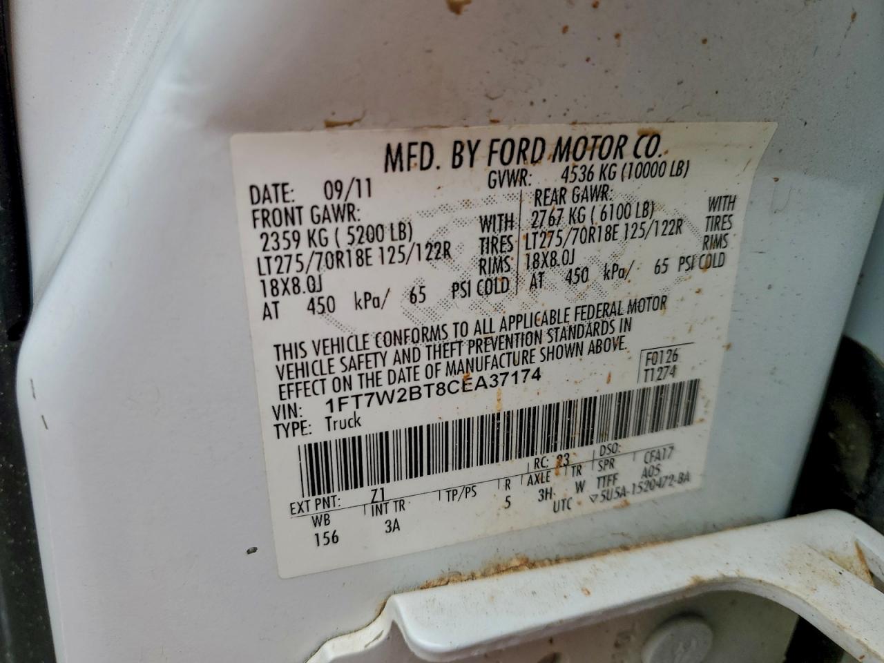 2012 Ford F250 Super Duty VIN: 1FT7W2BT8CEA37174 Lot: 93356155