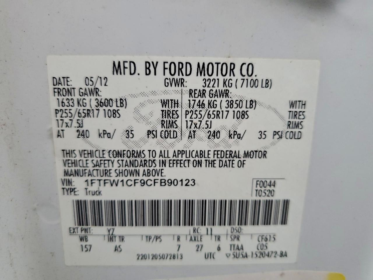 2012 Ford F150 Supercrew VIN: 1FTFW1CF9CFB90123 Lot: 94069605