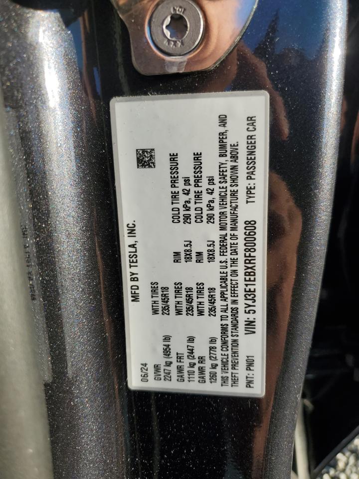 2024 Tesla Model 3 VIN: 5YJ3E1EBXRF800608 Lot: 89851125