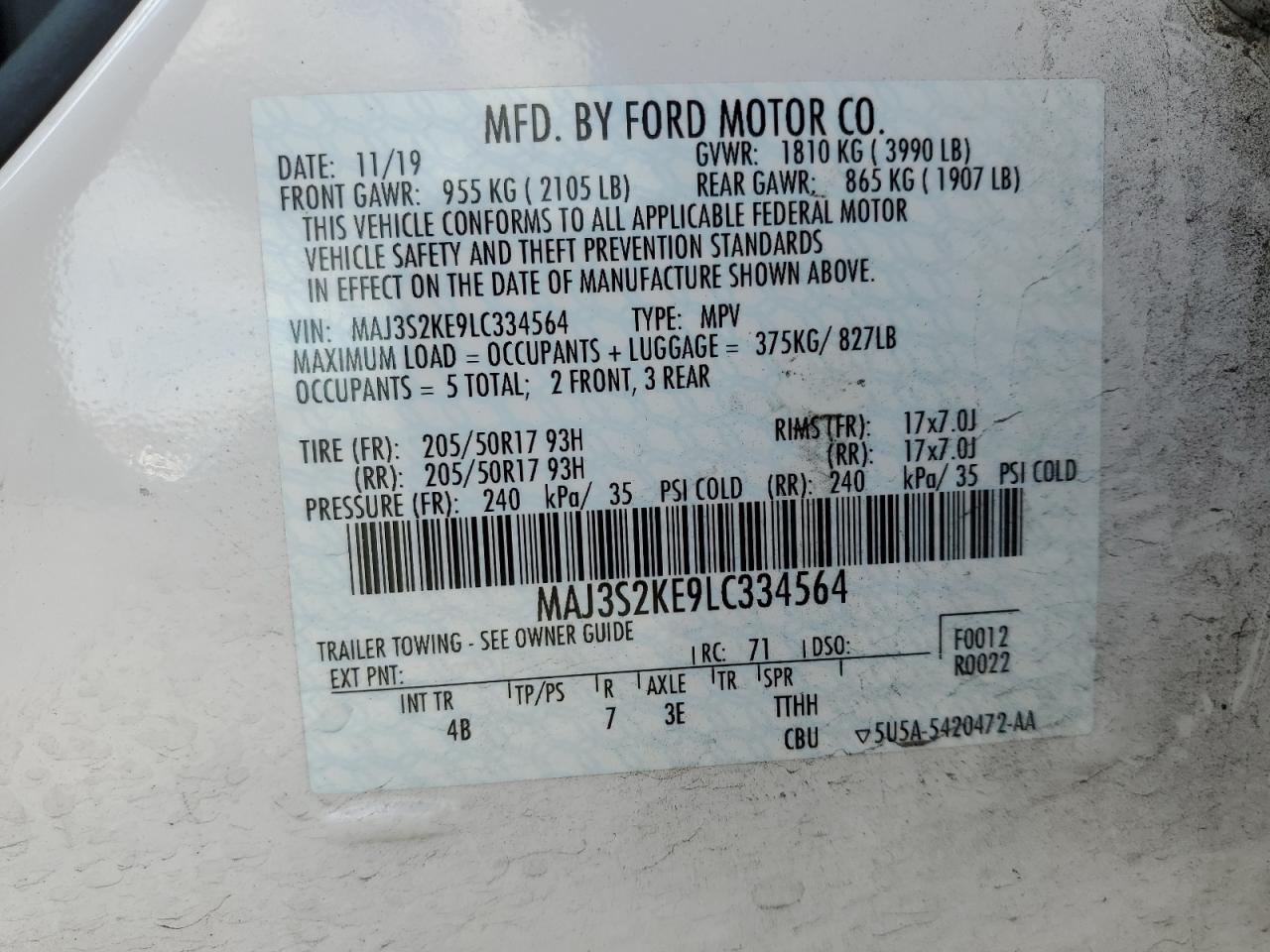 2020 Ford Ecosport Titanium VIN: MAJ3S2KE9LC334564 Lot: 93490045