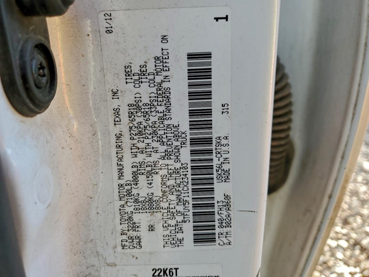 2012 Toyota Tundra Double Cab Sr5 VIN: 5TFUY5F11CX234103 Lot: 93491015