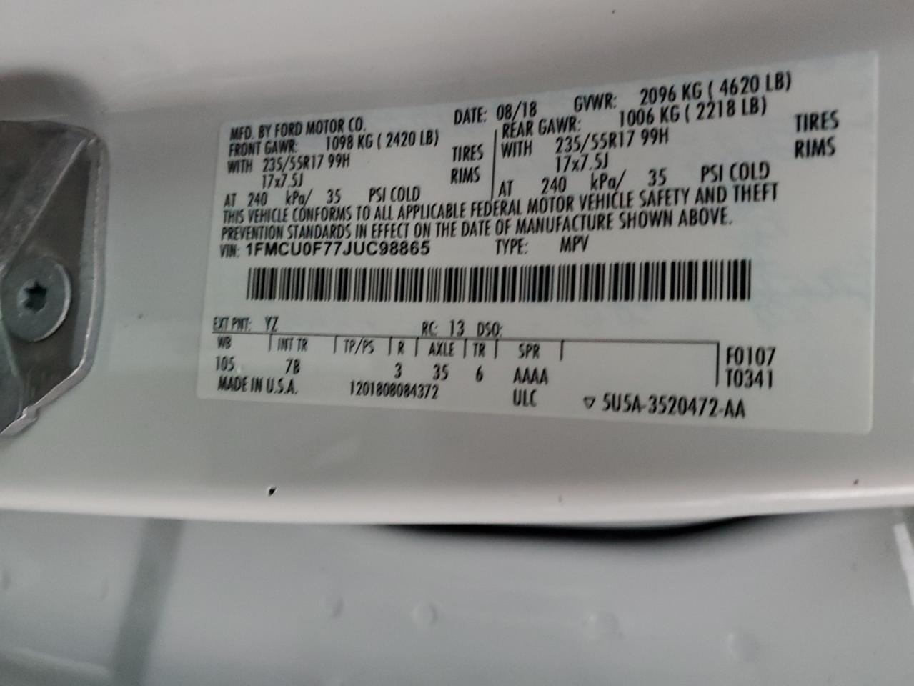 2018 Ford Escape S VIN: 1FMCU0F77JUC98865 Lot: 92074845