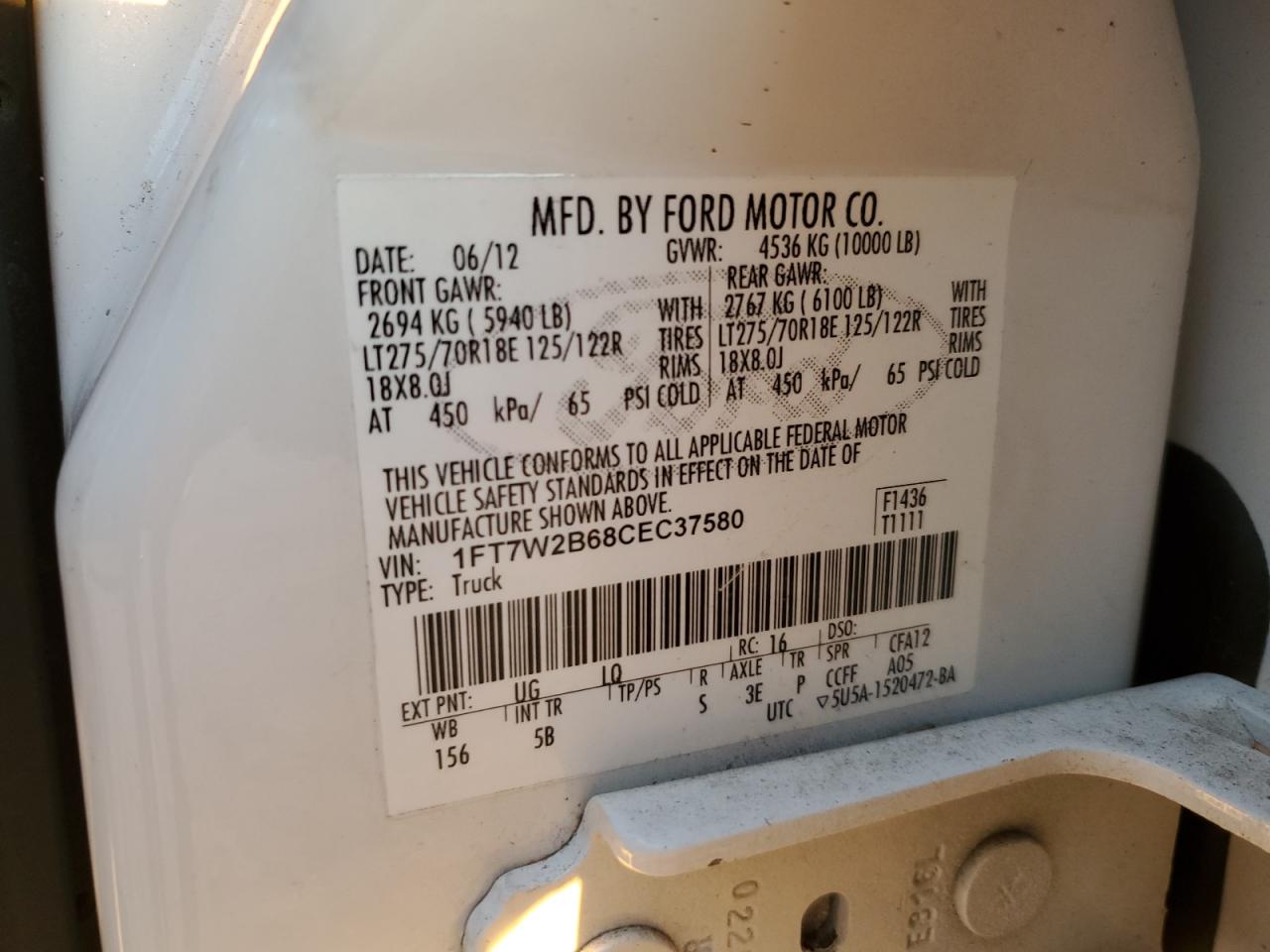 2012 Ford F250 Super Duty VIN: 1FT7W2B68CEC37580 Lot: 91976575