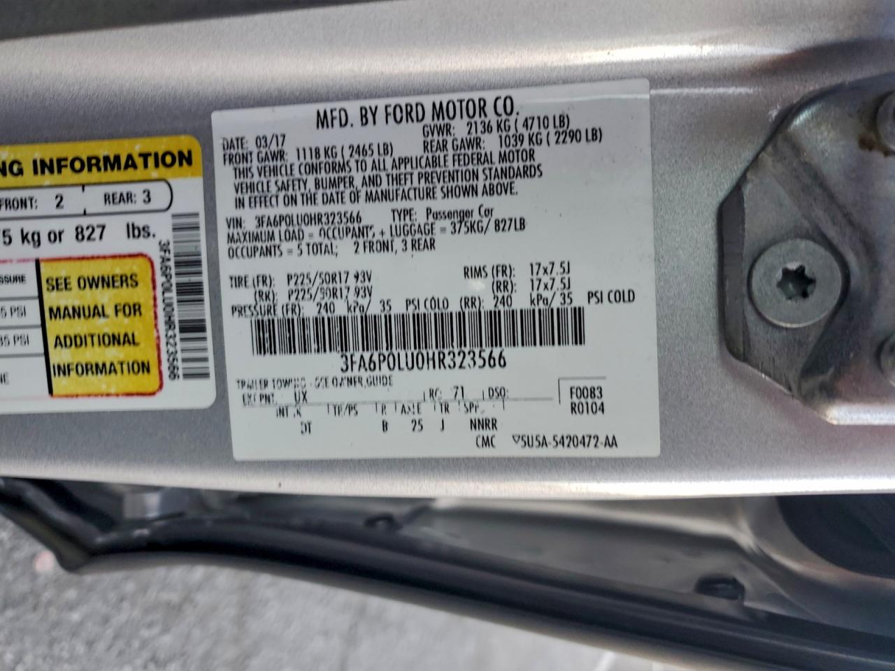 2017 Ford Fusion Se Hybrid VIN: 3FA6P0LU0HR323566 Lot: 94125575