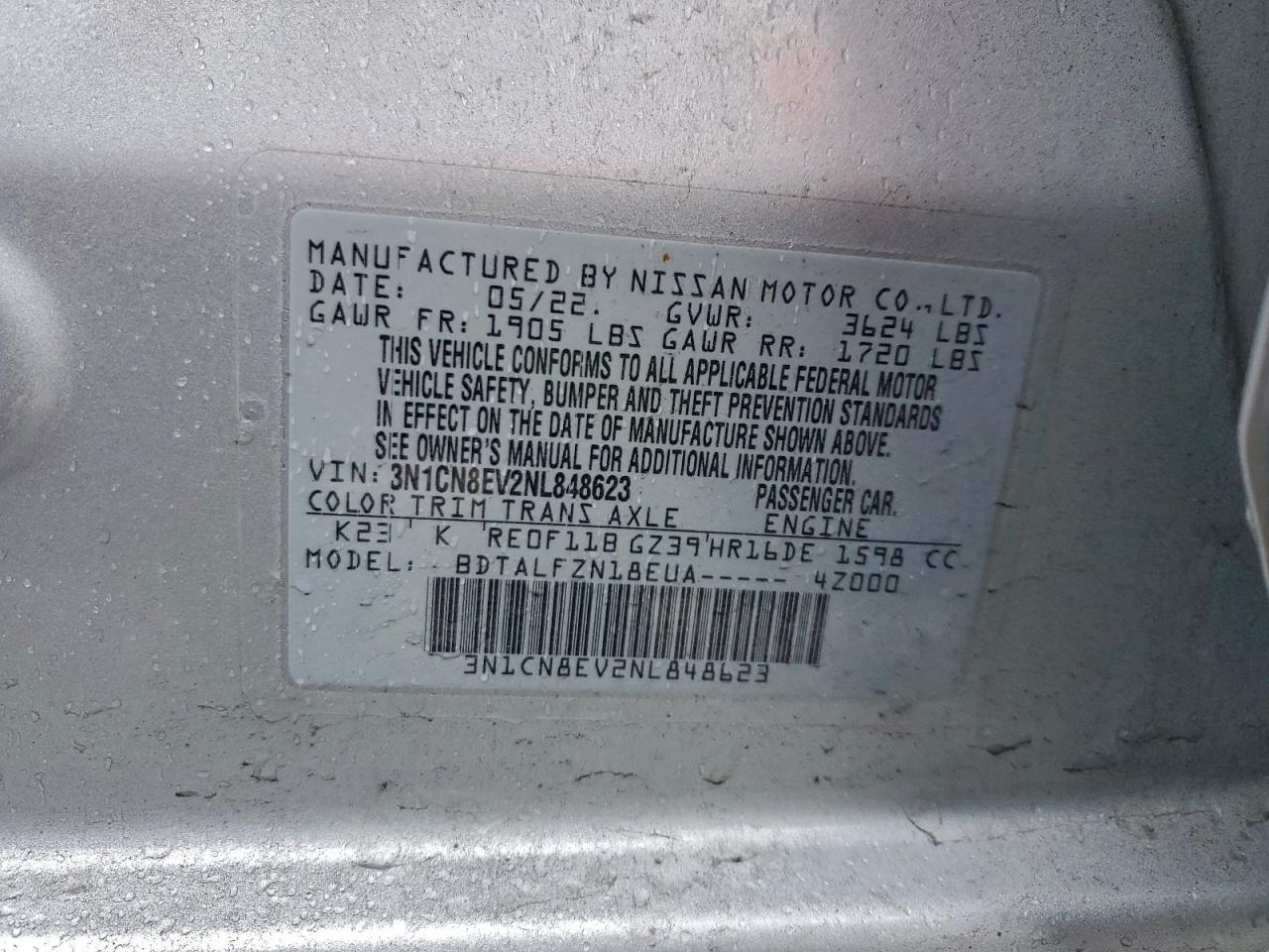 2022 Nissan Versa Sv VIN: 3N1CN8EV2NL848623 Lot: 94448695