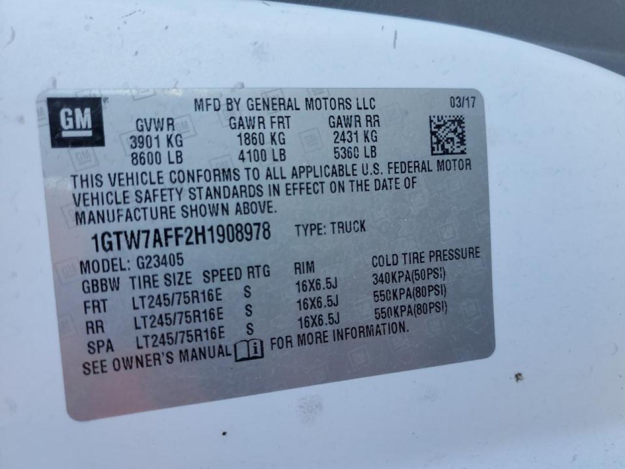 2017 GMC Savana 2500 Delivery Van VIN: 1GTW7AFF2H1908978 Lot: 90329595