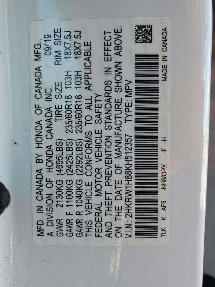 2019 Honda Cr-V Exl VIN: 2HKRW1H88KH512357 Lot: 91420265