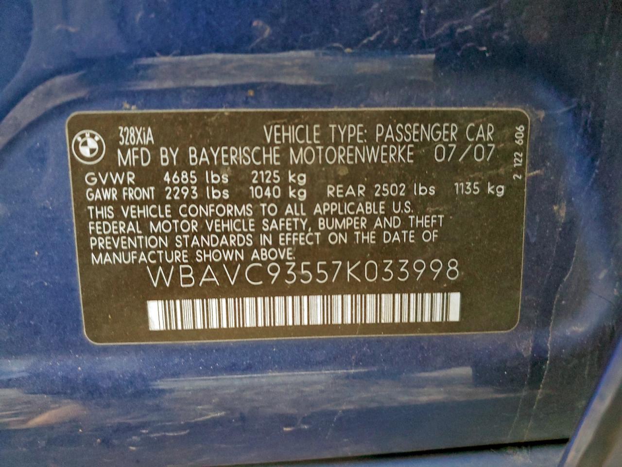 2007 BMW 328 Xi VIN: WBAVC93557K033998 Lot: 93284545