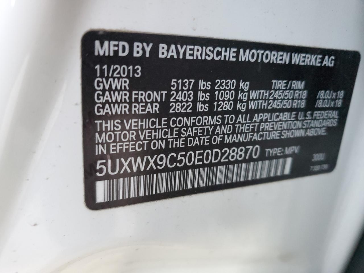 2014 BMW X3 xDrive28I VIN: 5UXWX9C50E0D28870 Lot: 92272655