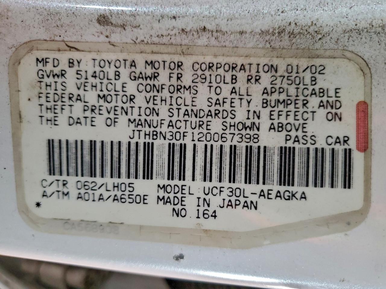 2002 Lexus Ls 430 VIN: JTHBN30F120067398 Lot: 94963035