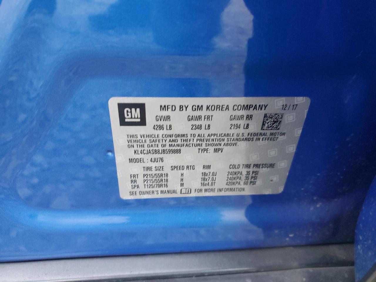 2018 Buick Encore Preferred VIN: KL4CJASB8JB599888 Lot: 92315555