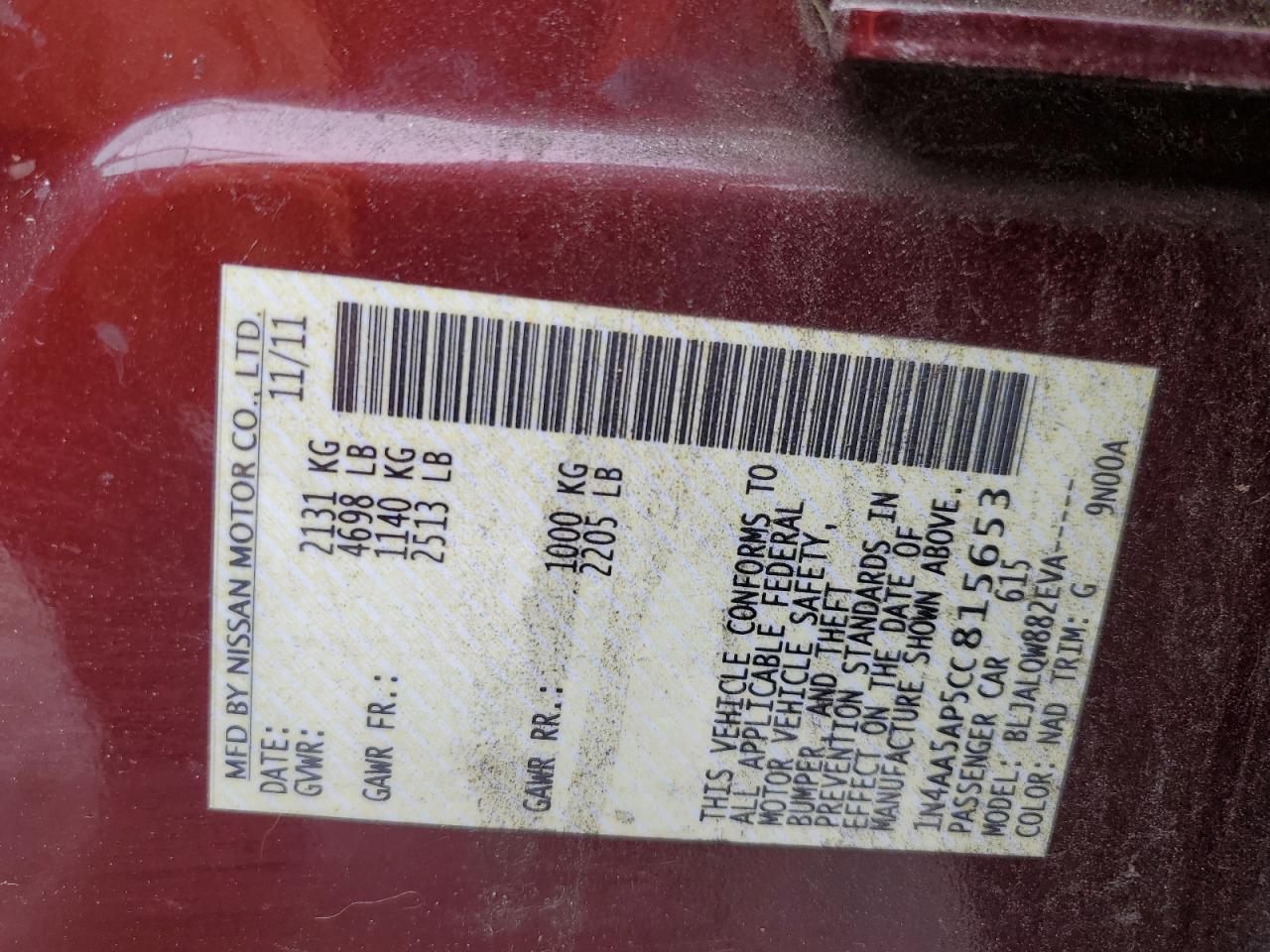 2012 Nissan Maxima S VIN: 1N4AA5AP5CC815653 Lot: 93296775