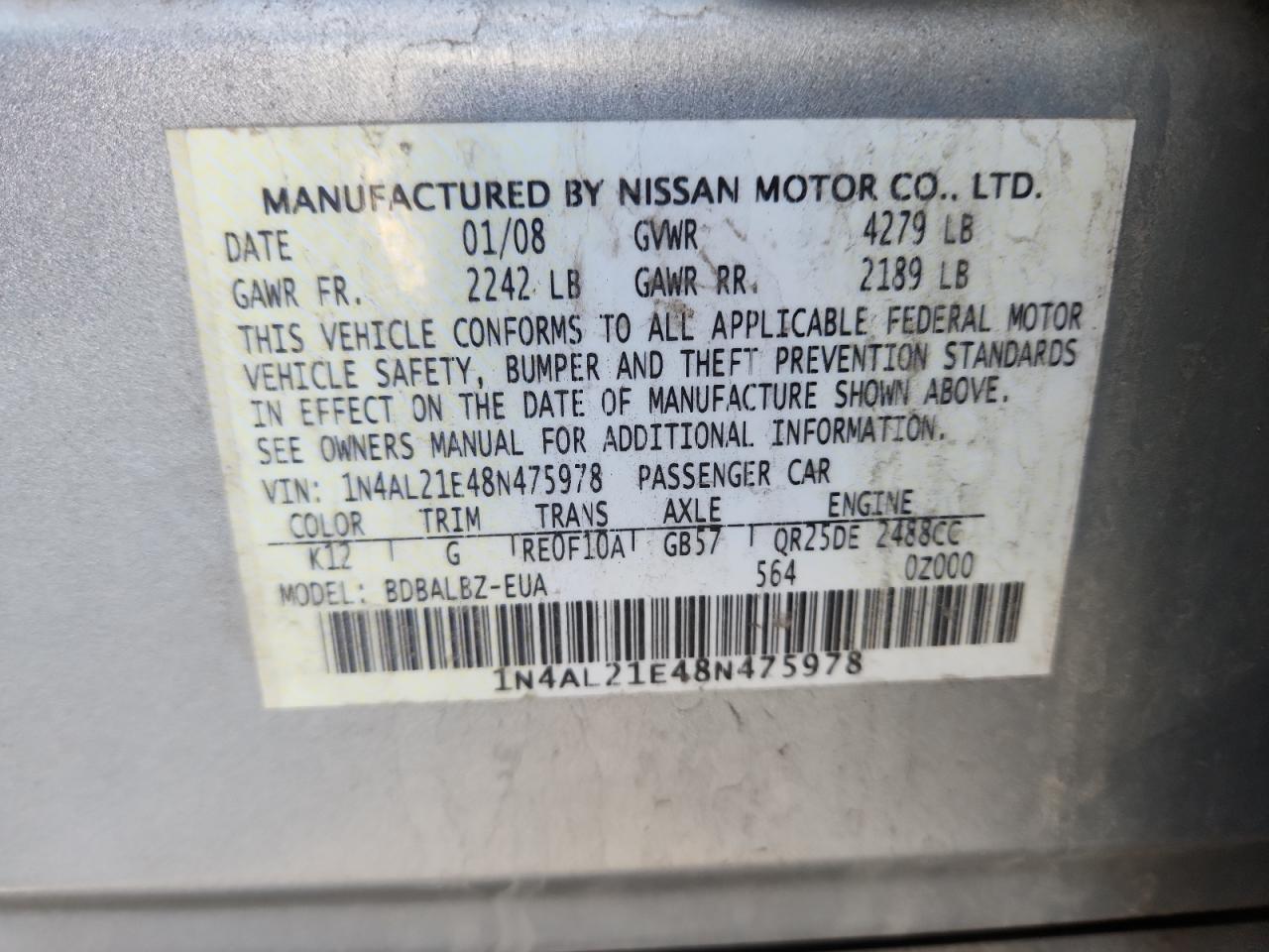 2008 Nissan Altima 2.5 VIN: 1N4AL21E48N475978 Lot: 91992705