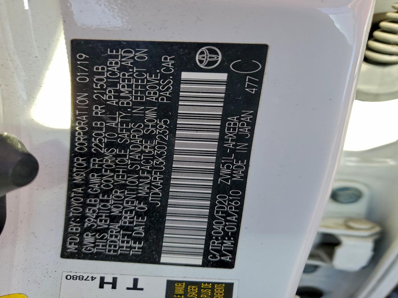 2019 Toyota Prius VIN: JTDKARFU3K3072395 Lot: 94553505