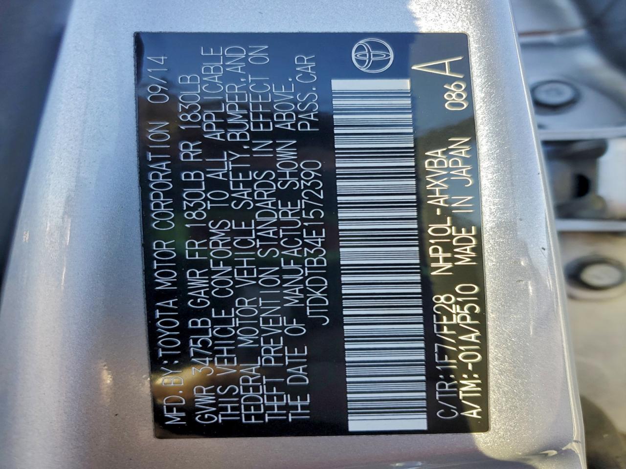 2014 Toyota Prius C VIN: JTDKDTB34E1572390 Lot: 93971585