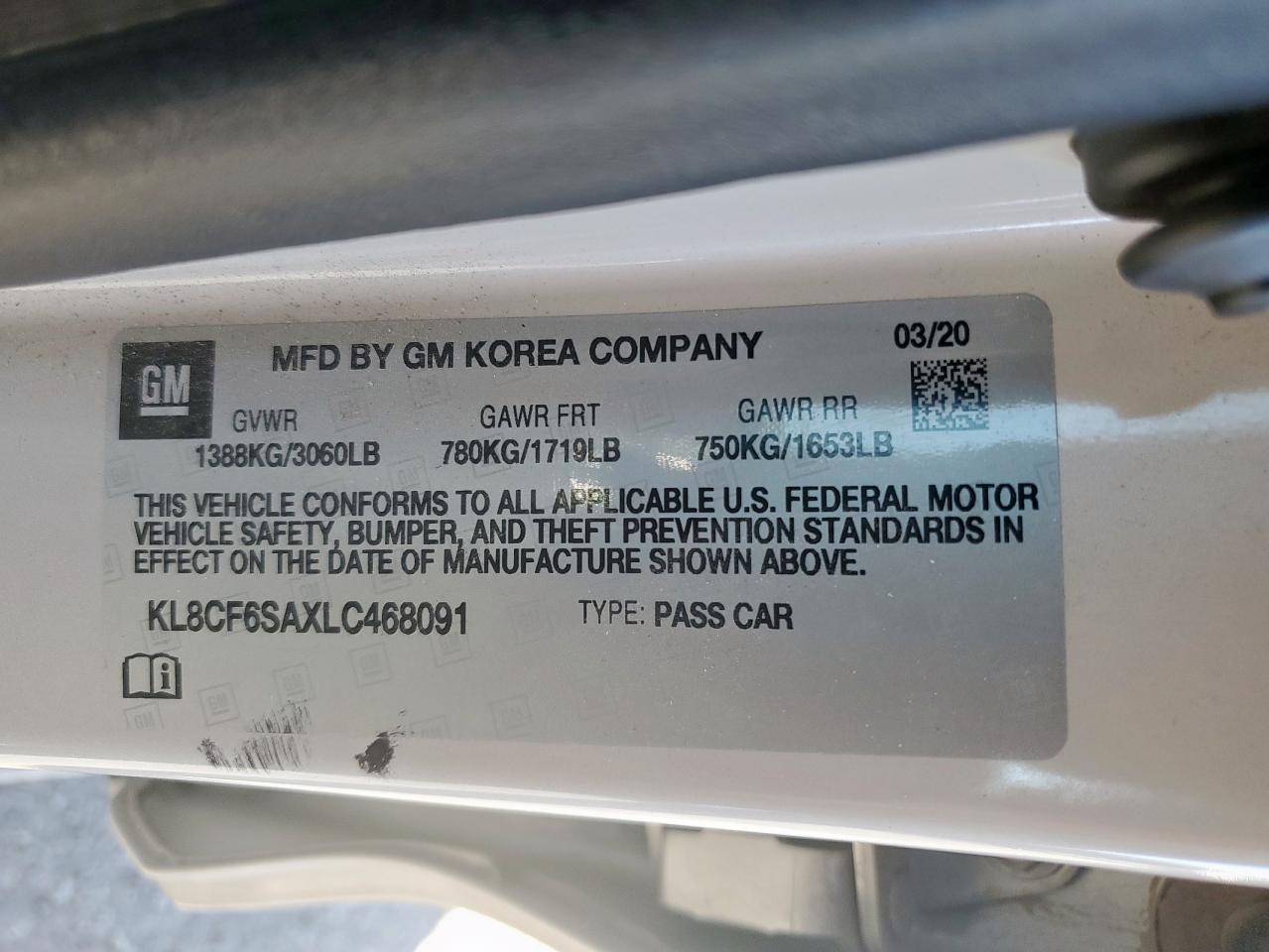 2020 Chevrolet Spark 2Lt VIN: KL8CF6SAXLC468091 Lot: 92204545